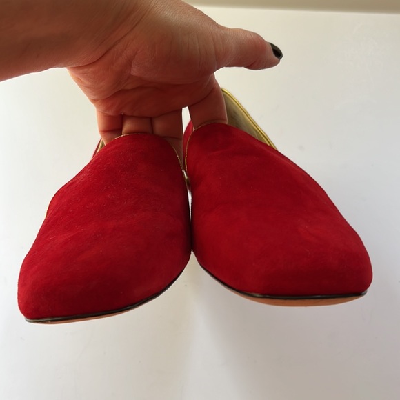 CAROLINNA ESPINOSA | Red Suede Leather Loafer trimmed in Gold - Picture 9 of 14